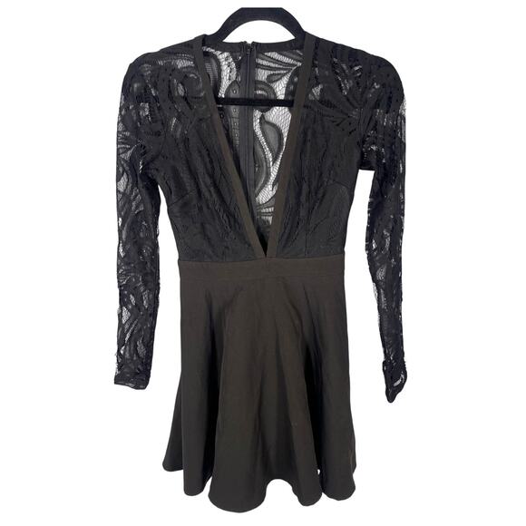 Tobi, Size XS, Black Lace Bodice Mini Dress, Sheer Sleeves, Deep V, Fit & Flare - Picture 1 of 6